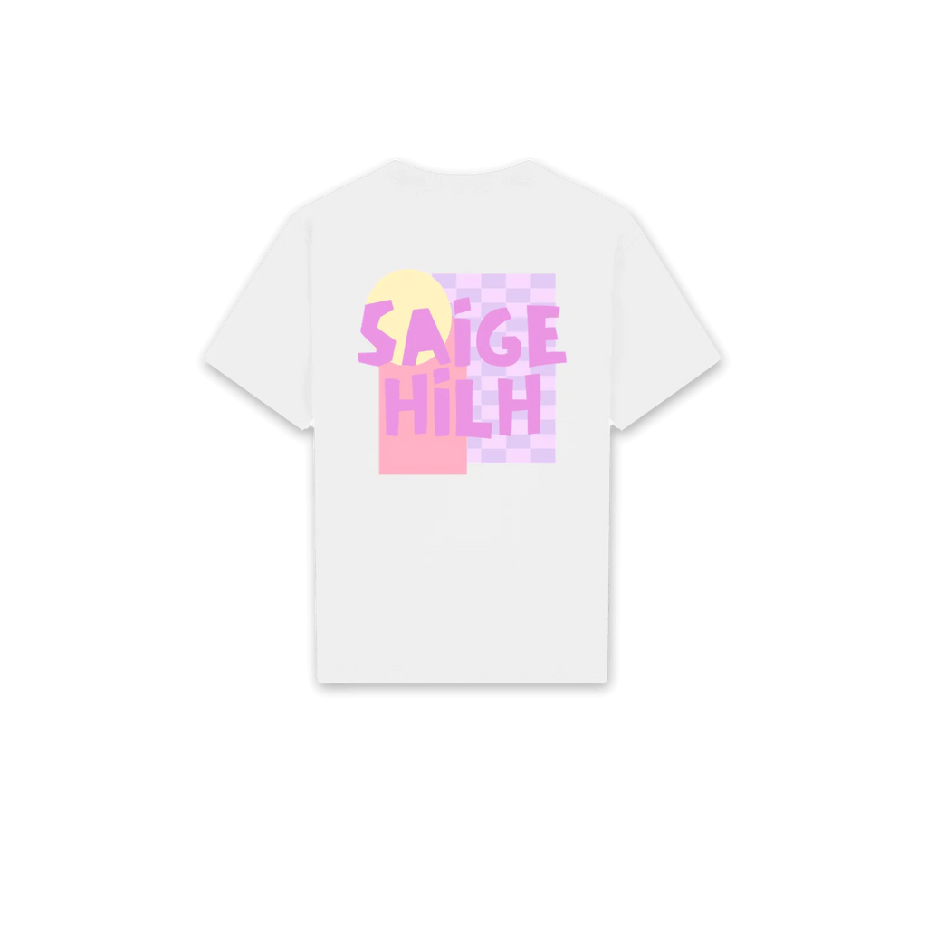 A white short-sleeve t-shirt with a colorful graphic on the front. The graphic features the text 'SAIGE HILH' in pink and purple pixelated letters over a pink and light purple pixelated background with a small yellow shape at the top.