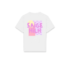 A white short-sleeve t-shirt with a colorful graphic on the front. The graphic features the text 'SAIGE HILH' in pink and purple pixelated letters over a pink and light purple pixelated background with a small yellow shape at the top.