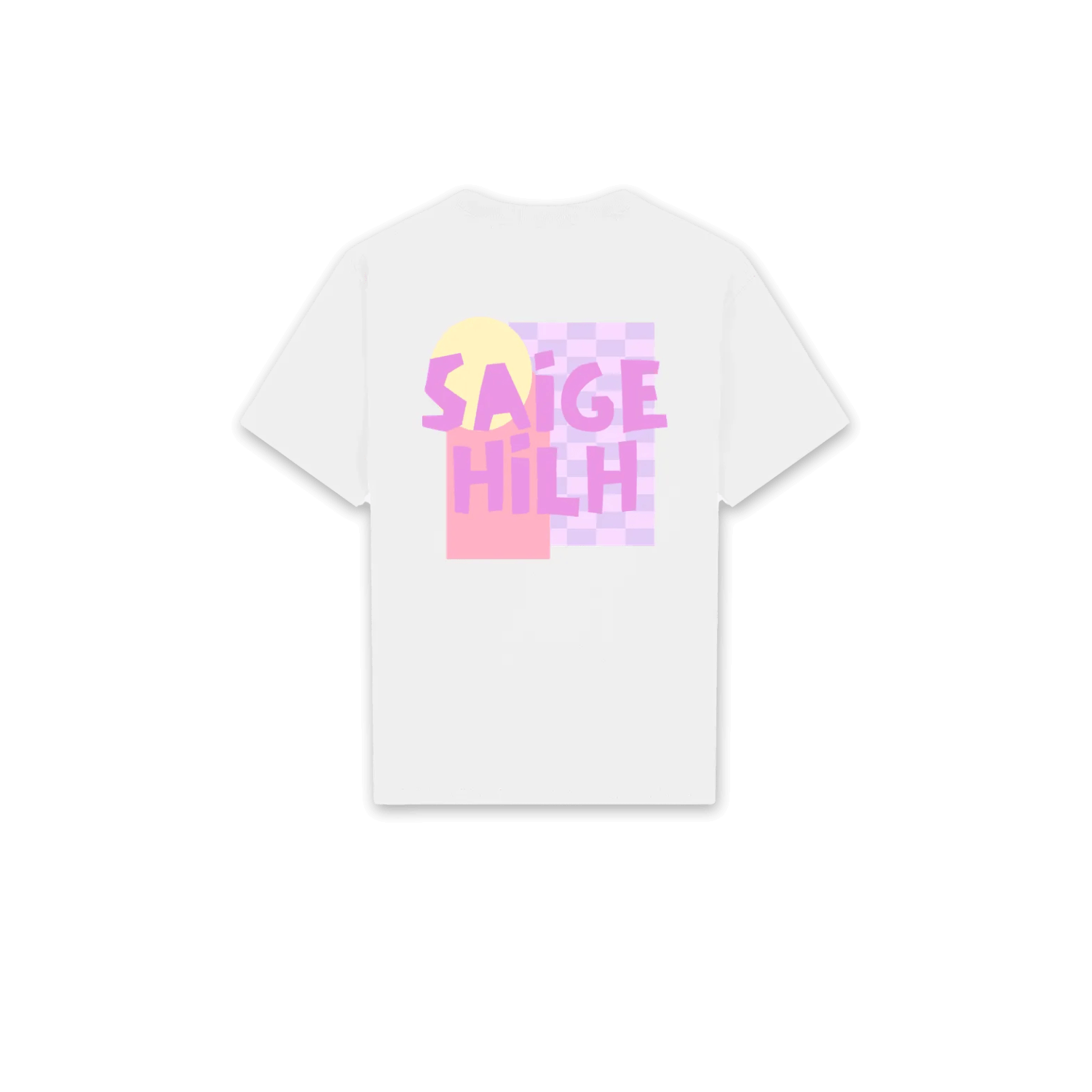 A white short-sleeve t-shirt with a colorful graphic on the front. The graphic features the text 'SAIGE HILH' in pink and purple pixelated letters over a pink and light purple pixelated background with a small yellow shape at the top.