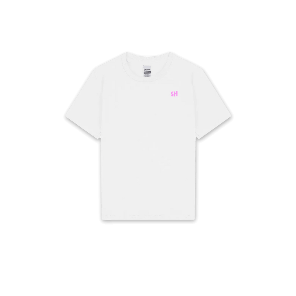 A white short-sleeve crewneck t-shirt with a small pink 'SH' logo on the left chest, displayed flat against a solid white background.