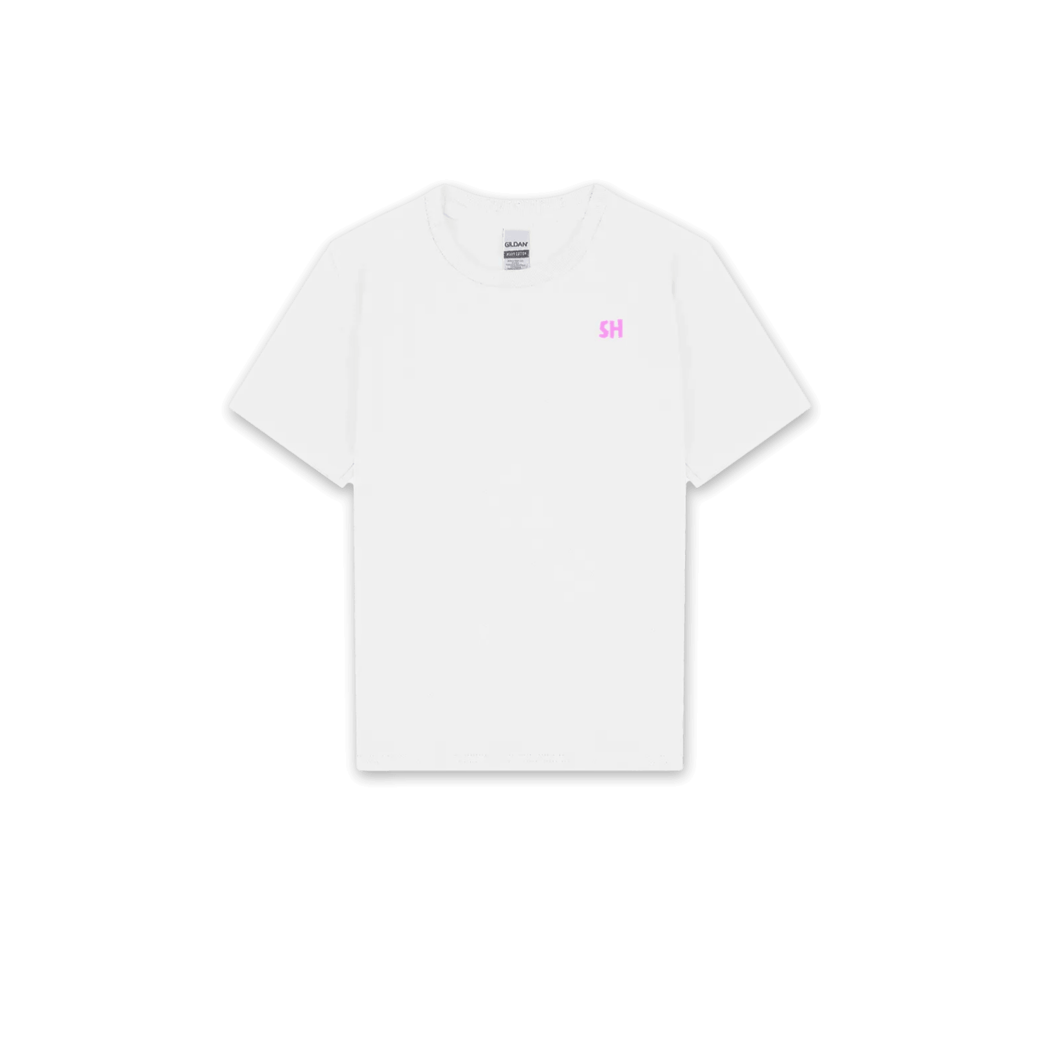 A white short-sleeve crewneck t-shirt with a small pink 'SH' logo on the left chest, displayed flat against a solid white background.