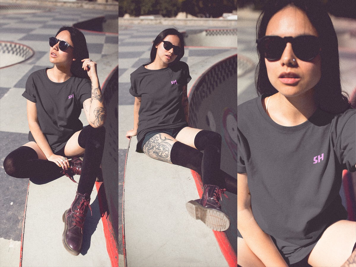 A three-panel collage showing a woman wearing a dark charcoal gray t-shirt with a small pink 'SH' logo on the chest, black knee-high socks, and brown lace-up boots in an outdoor skatepark setting.