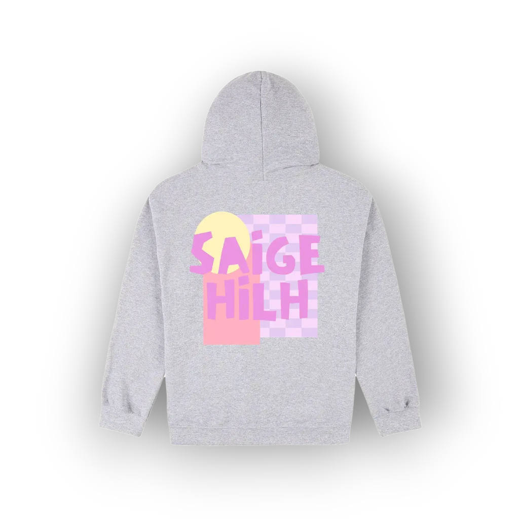 A light gray heather hoodie shown from the back, featuring an original artist designed colourful graphic print with the text 'SAIGE HILH' in pink over a pastel yellow and pink block design.