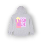 A light gray heather hoodie shown from the back, featuring an original artist designed colourful graphic print with the text 'SAIGE HILH' in pink over a pastel yellow and pink block design.