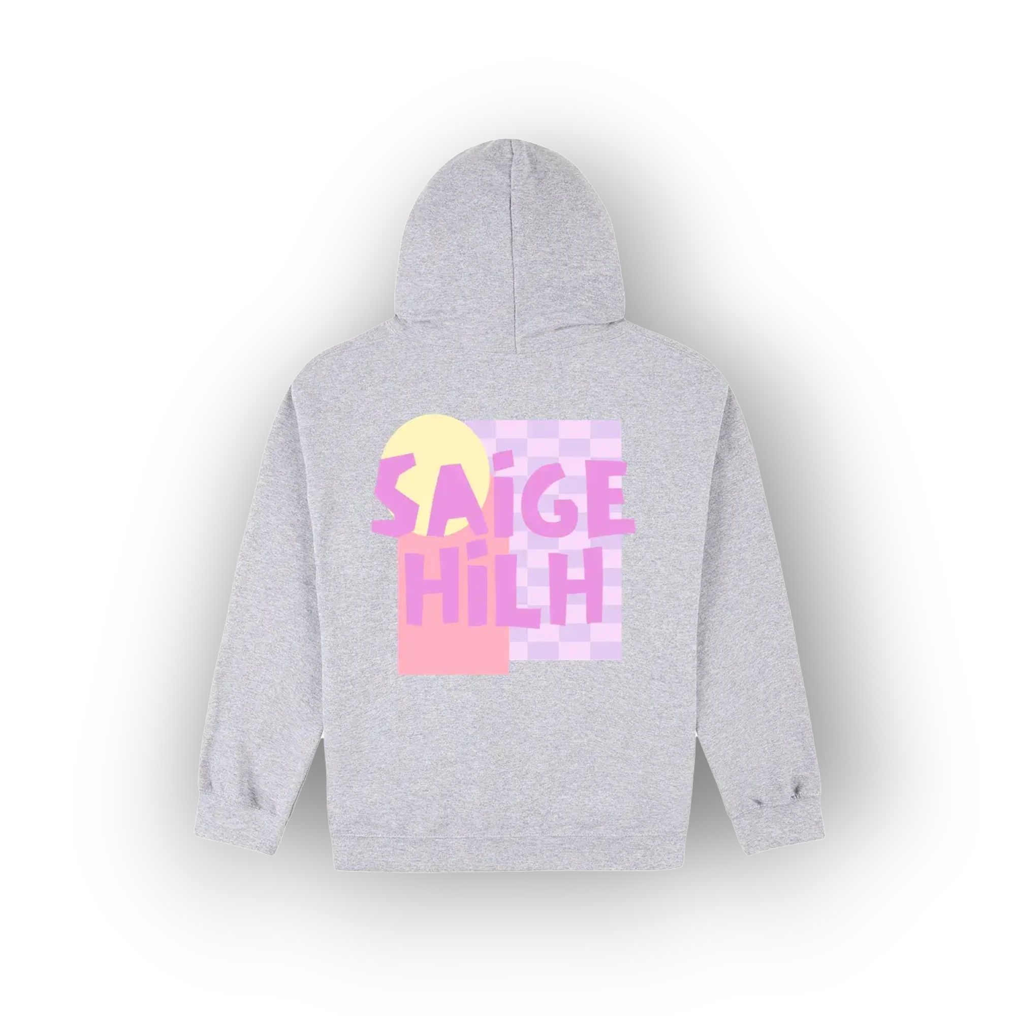 A light gray heather hoodie shown from the back, featuring an original artist designed colourful graphic print with the text 'SAIGE HILH' in pink over a pastel yellow and pink block design.