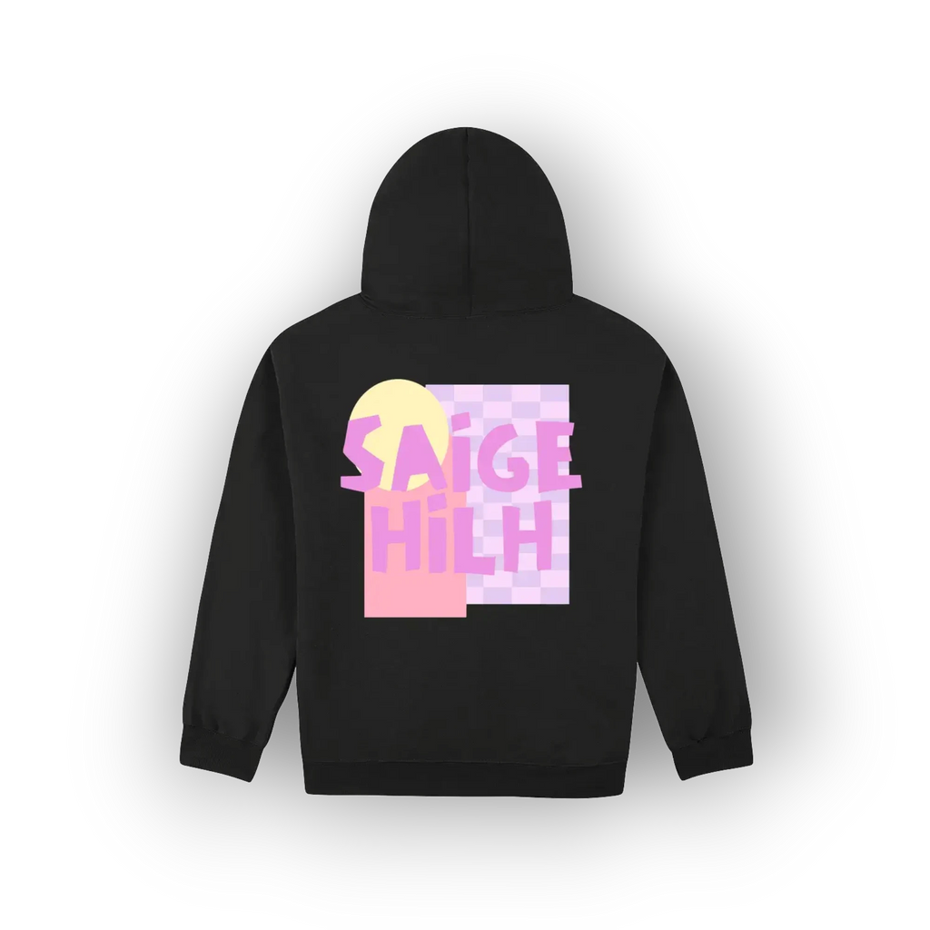 A black pullover hoodie shown from the back, featuring a colorful graphic print with the text 'SAIGE HILH' in pink over a pastel yellow and pink geometric design on a white background.