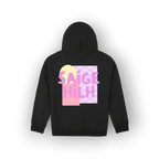 A black pullover hoodie shown from the back, featuring a colorful graphic print with the text 'SAIGE HILH' in pink over a pastel yellow and pink geometric design on a white background.