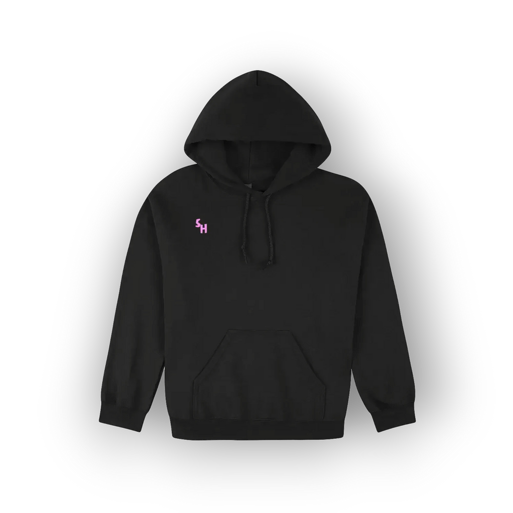 A black pullover hoodie with a small pink embroidered logo on the left chest, displayed against a clean white background.