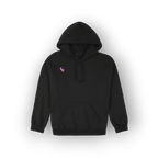 A black pullover hoodie with a small pink embroidered logo on the left chest, displayed against a clean white background.