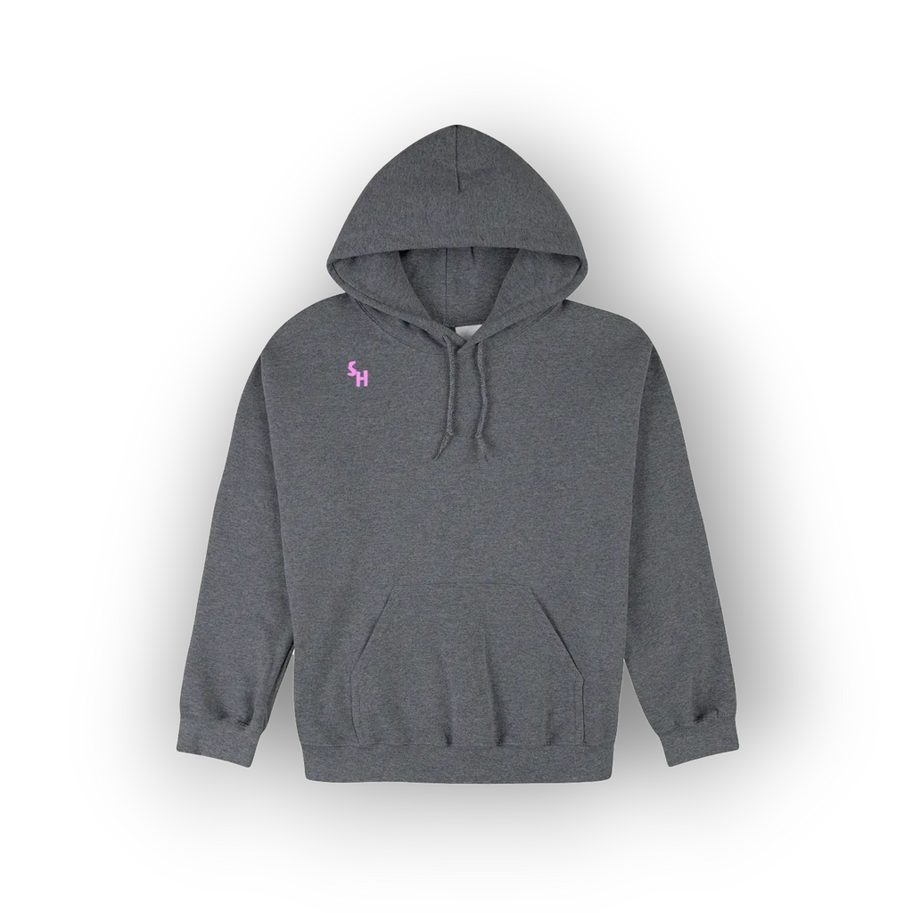 A dark gray heather pullover hoodie with a small pink embroidered logo on the left chest, displayed against a clean white background.