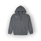 A dark gray heather pullover hoodie with a small pink embroidered logo on the left chest, displayed against a clean white background.
