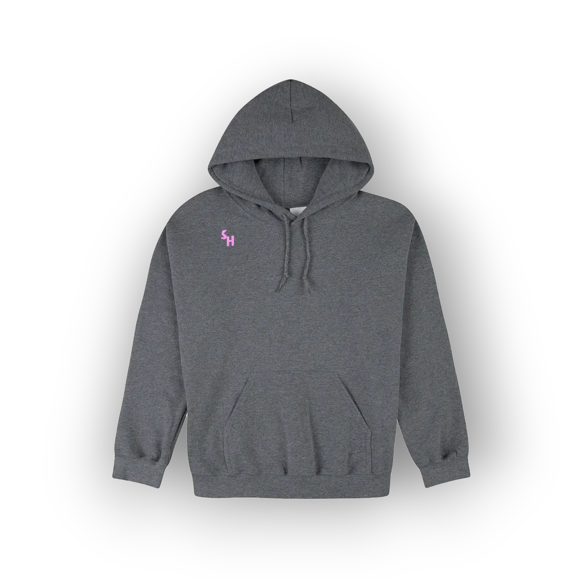 A dark gray heather pullover hoodie with a small pink embroidered logo on the left chest, displayed against a clean white background.