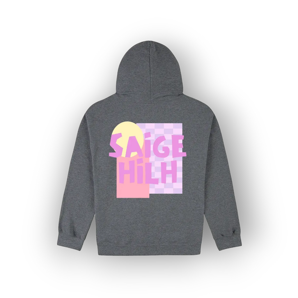 A dark gray pullover hoodie shown from the back, featuring a colorful graphic print with the text 'SAIGE HILH' in pink over a pastel yellow and pink geometric design.