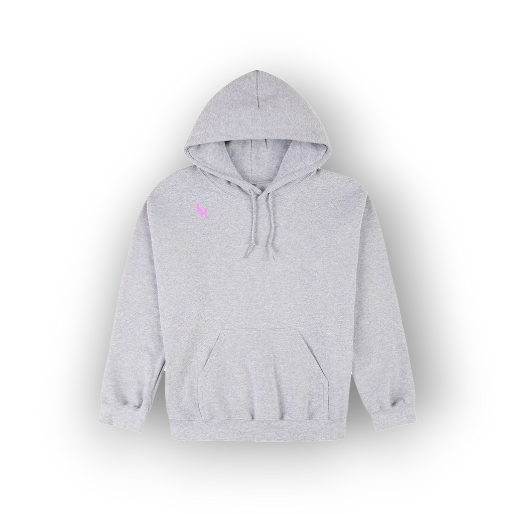 A light gray heather pullover hoodie with a small pink embroidered logo on the left chest, displayed against a white background with a soft drop shadow.