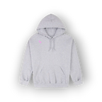 A light gray heather pullover hoodie with a small pink embroidered logo on the left chest, displayed against a white background with a soft drop shadow.