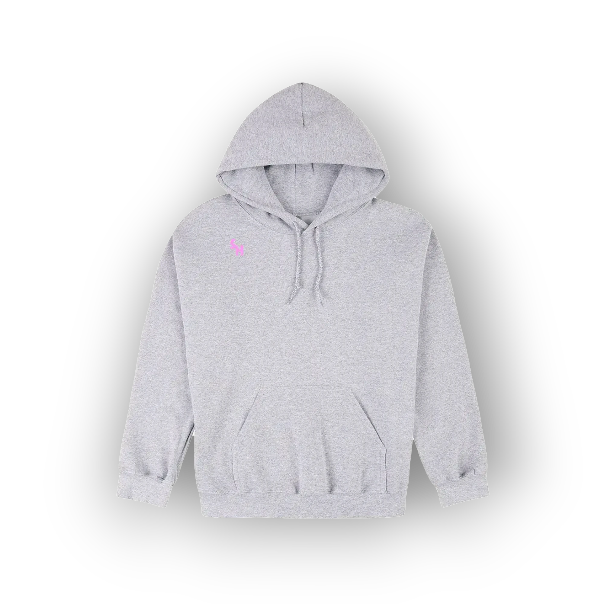 A light gray heather pullover hoodie with a small pink embroidered logo on the left chest, displayed against a white background with a soft drop shadow.