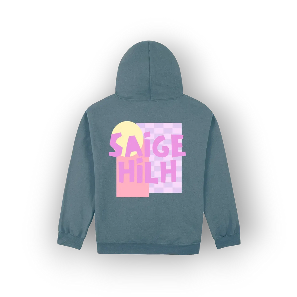 A slate blue-gray hoodie shown from the back, featuring a colorful graphic print with the text 'SAIGE HILH' in pink over a pastel yellow and purple design.
