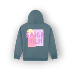 A slate blue-gray hoodie shown from the back, featuring a colorful graphic print with the text 'SAIGE HILH' in pink over a pastel yellow and purple design.
