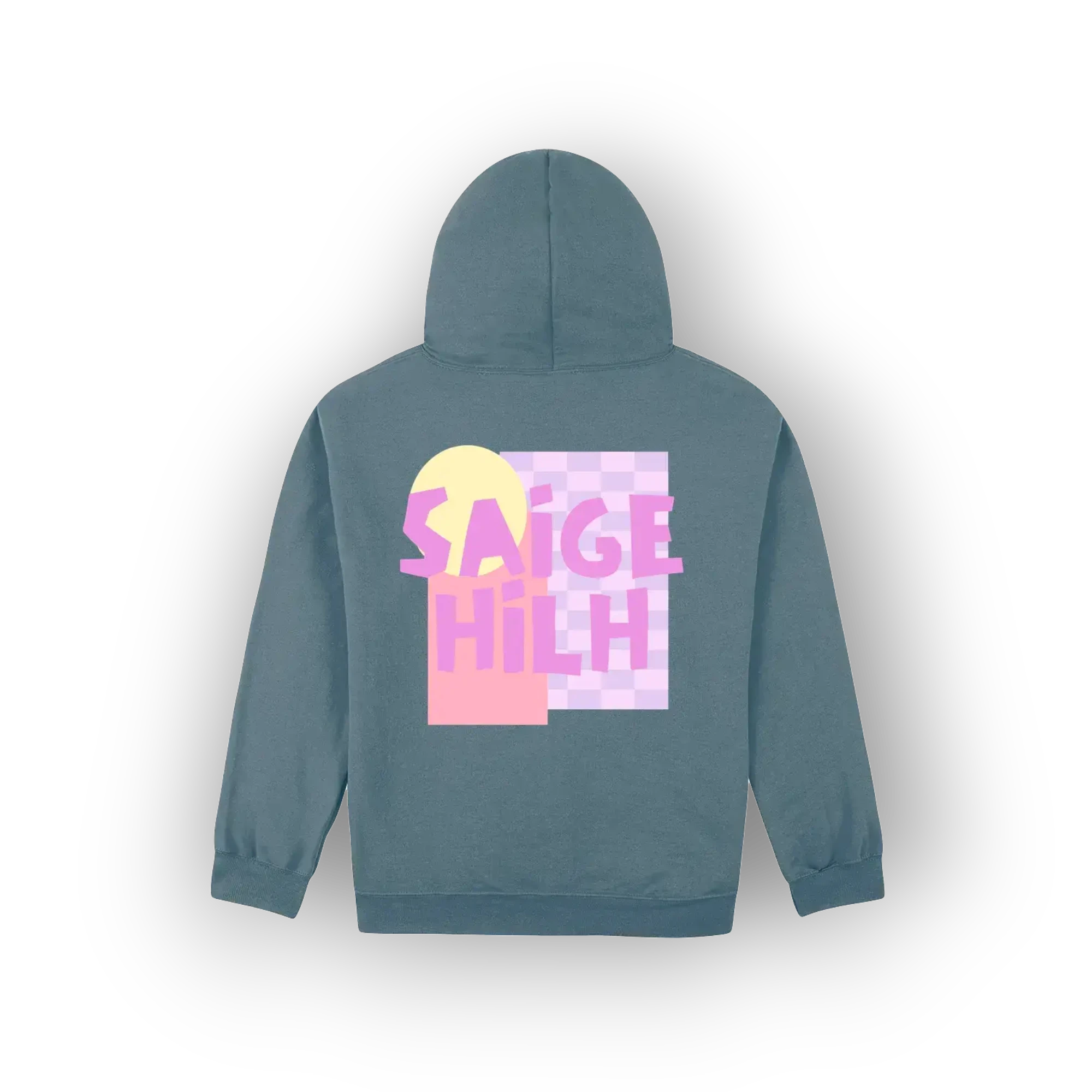 A slate blue-gray hoodie shown from the back, featuring a colorful graphic print with the text 'SAIGE HILH' in pink over a pastel yellow and purple design.