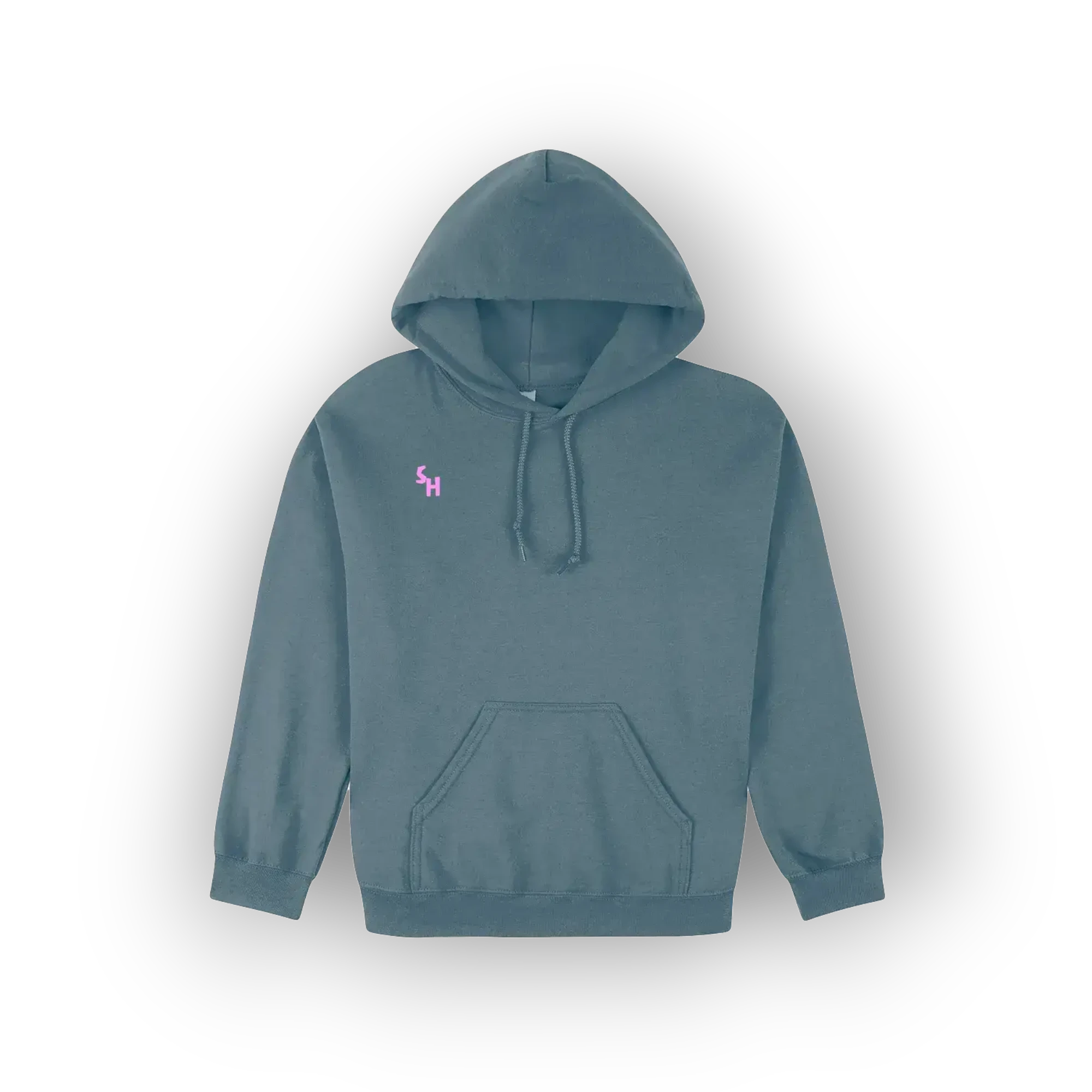 A slate blue pullover hoodie with a small pink embroidered 'SH' logo on the left chest, displayed against a clean white background with a soft drop shadow.