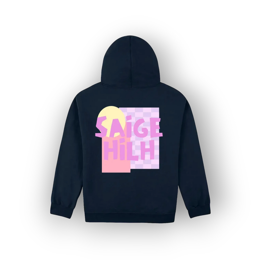 A navy blue hoodie shown from the back, featuring a colorful graphic print with the text 'SAIGE HILH' in pink over a pastel yellow and pink geometric design on a white background.