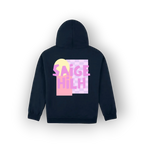A navy blue hoodie shown from the back, featuring a colorful graphic print with the text 'SAIGE HILH' in pink over a pastel yellow and pink geometric design on a white background.