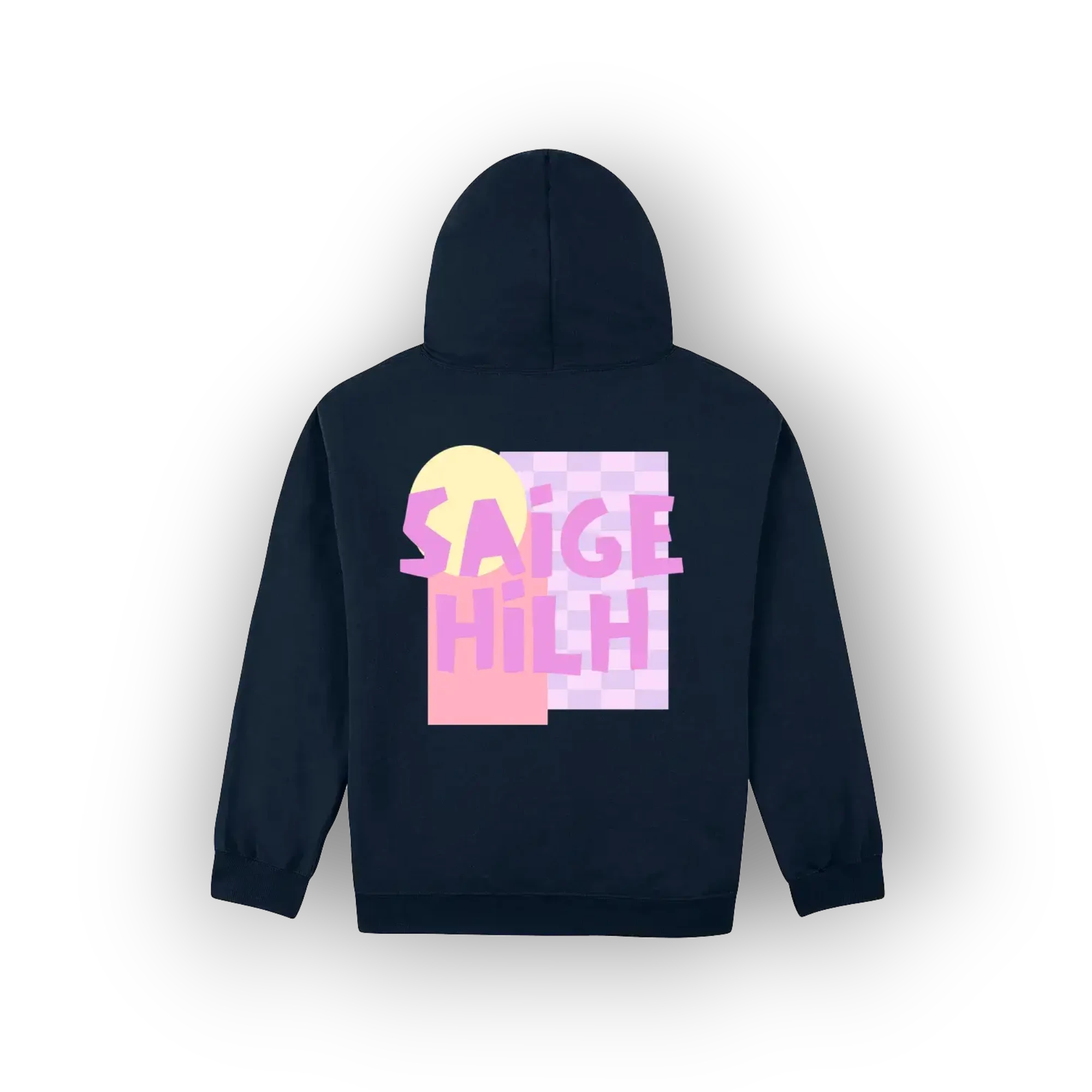 A navy blue hoodie shown from the back, featuring a colorful graphic print with the text 'SAIGE HILH' in pink over a pastel yellow and pink geometric design on a white background.