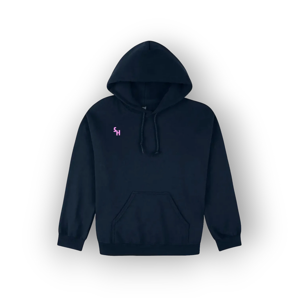 A dark navy blue pullover hoodie with a small pink embroidered logo on the left chest, displayed against a clean white background.