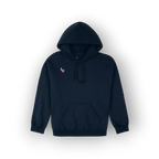 A dark navy blue pullover hoodie with a small pink embroidered logo on the left chest, displayed against a clean white background.