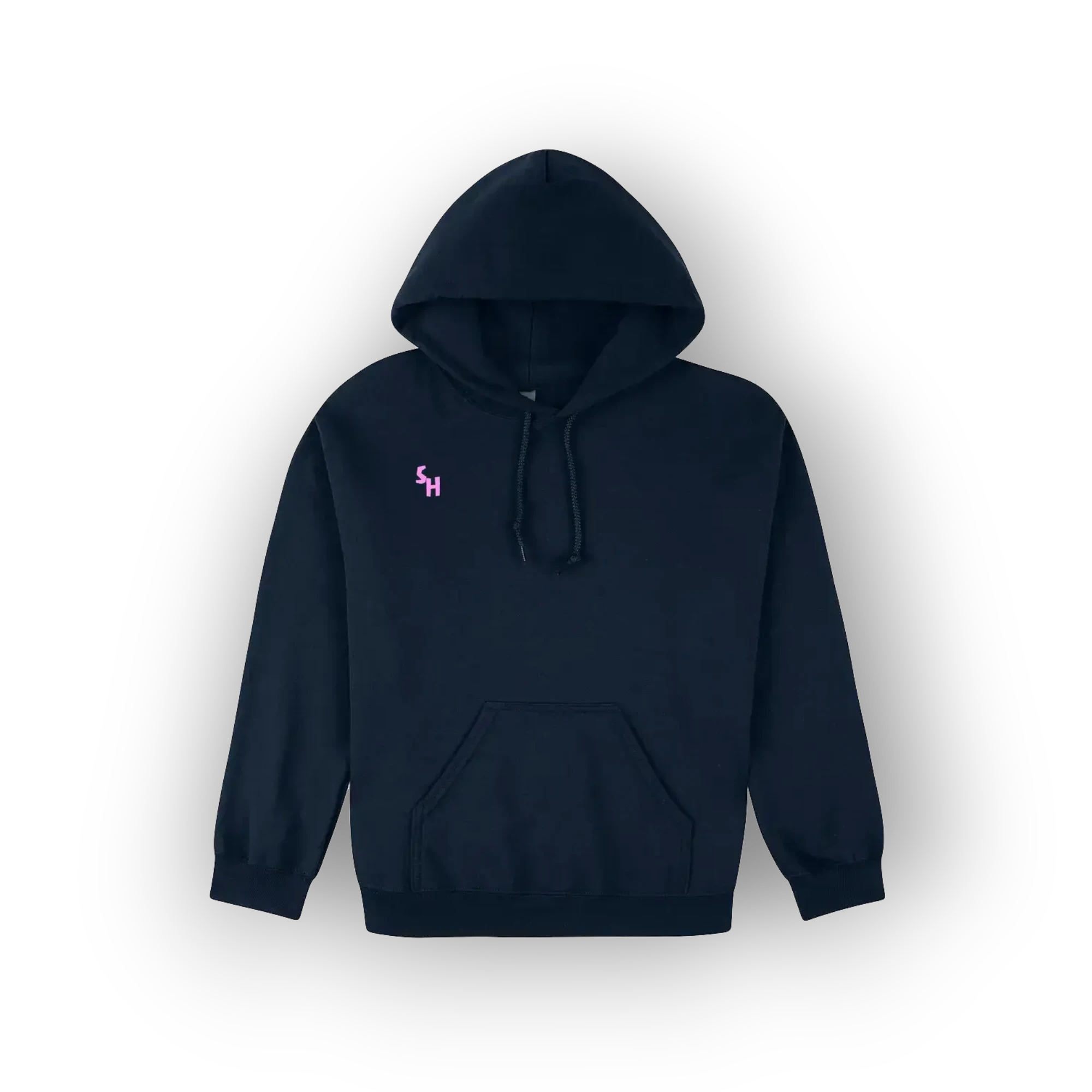 A dark navy blue pullover hoodie with a small pink embroidered logo on the left chest, displayed against a clean white background.