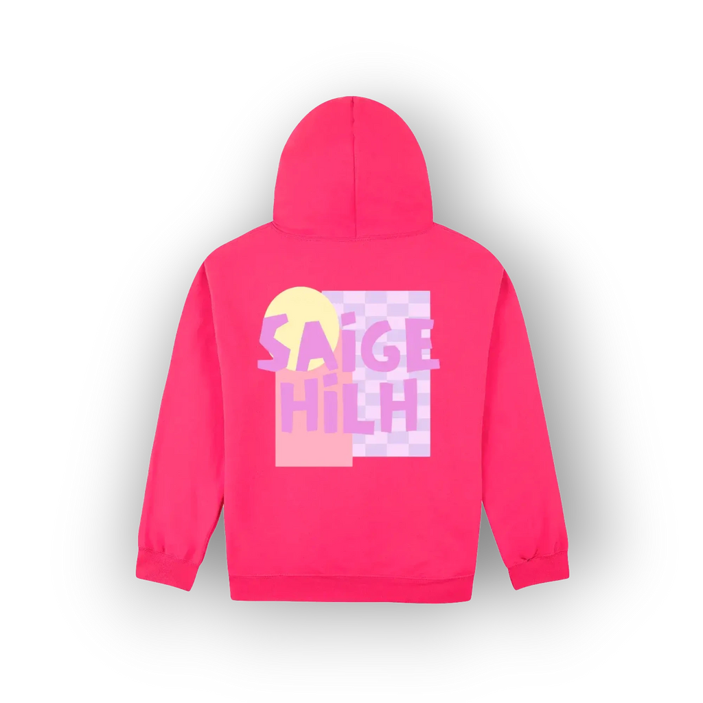 A bright pink hoodie shown from the back, featuring a colorful graphic print with the text 'SAIGE HILH' in pink and purple over a pastel yellow and pink block design.