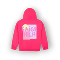 A bright pink hoodie shown from the back, featuring a colorful graphic print with the text 'SAIGE HILH' in pink and purple over a pastel yellow and pink block design.