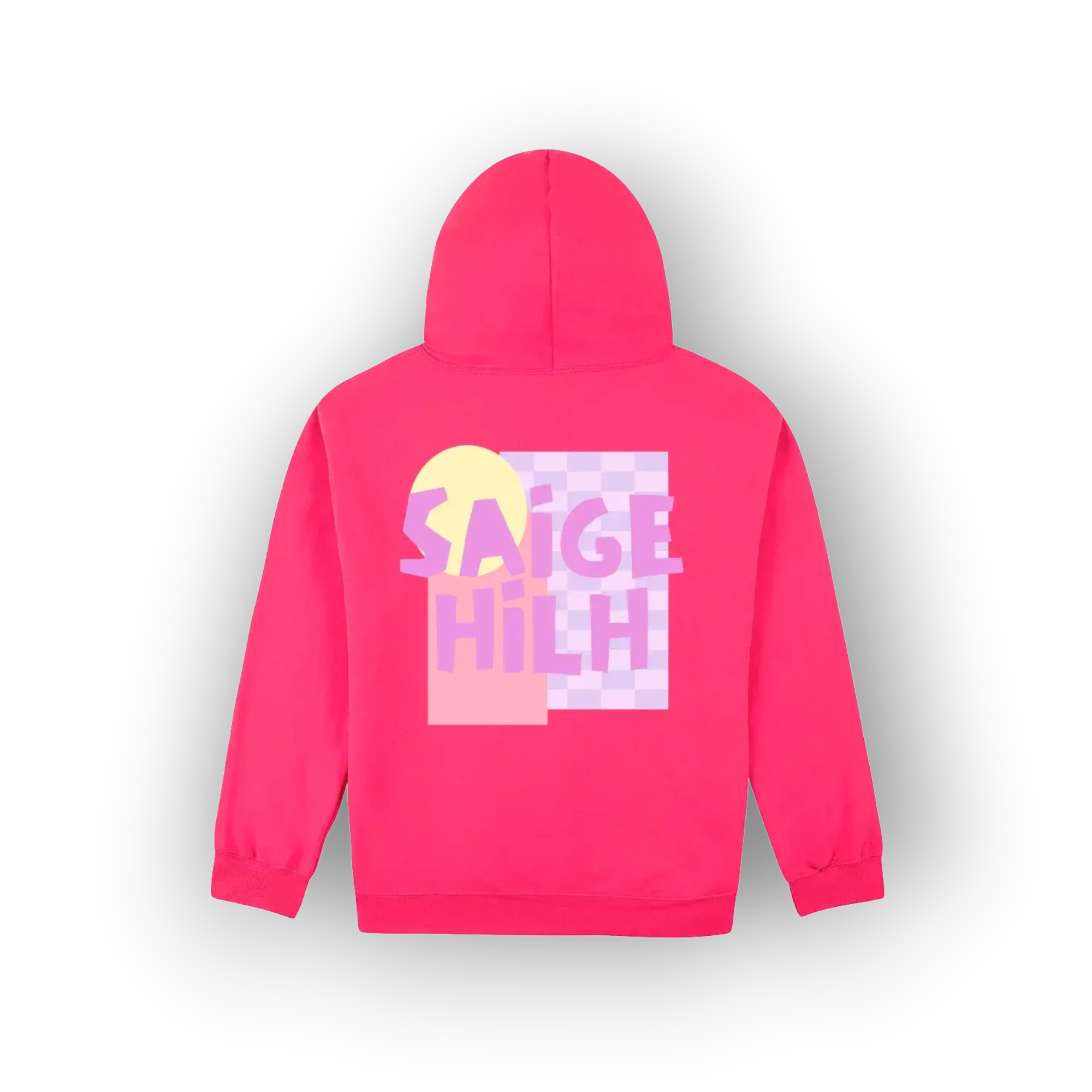 A bright pink hoodie shown from the back, featuring a colorful graphic print with the text 'SAIGE HILH' in pink and purple over a pastel yellow and pink block design.