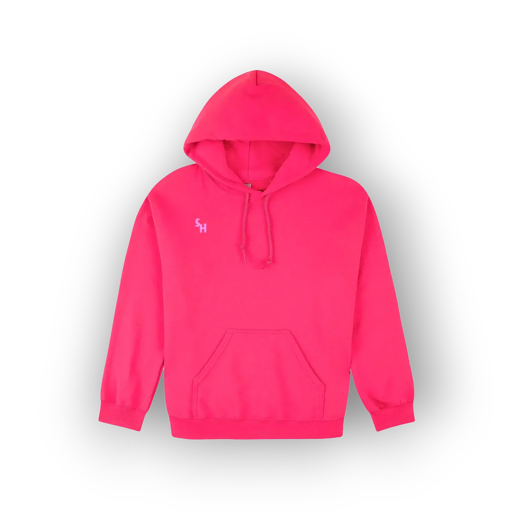 A bright pink pullover hoodie with a small white embroidered logo on the left chest, displayed against a clean white background.