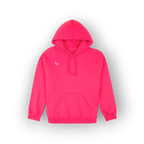 A bright pink pullover hoodie with a small white embroidered logo on the left chest, displayed against a clean white background.