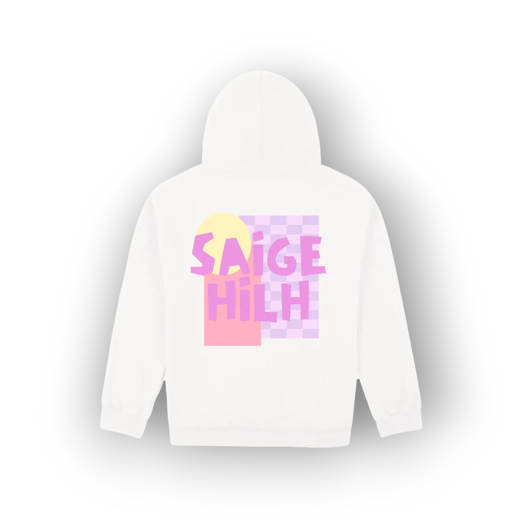 A white pullover hoodie shown from the back, featuring a colorful graphic print with the text 'SAIGE HILH' in pink over a pastel yellow and lavender checkerboard pattern.