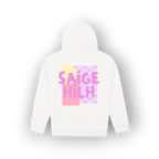 A white pullover hoodie shown from the back, featuring a colorful graphic print with the text 'SAIGE HILH' in pink over a pastel yellow and lavender checkerboard pattern.