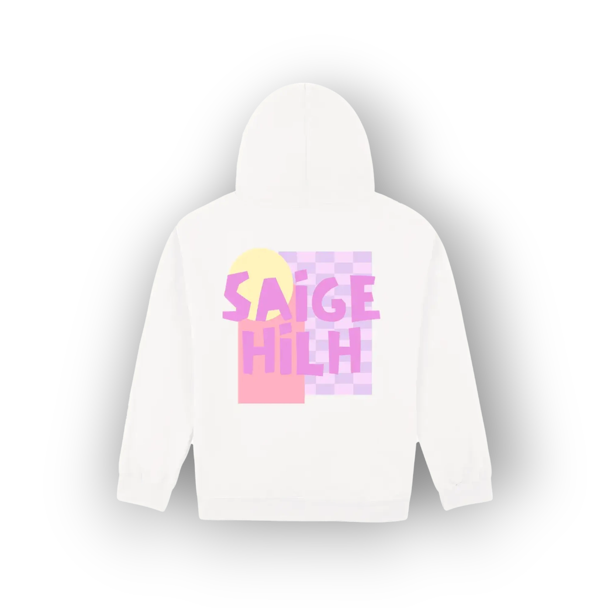 A white pullover hoodie shown from the back, featuring a colorful graphic print with the text 'SAIGE HILH' in pink over a pastel yellow and lavender checkerboard pattern.