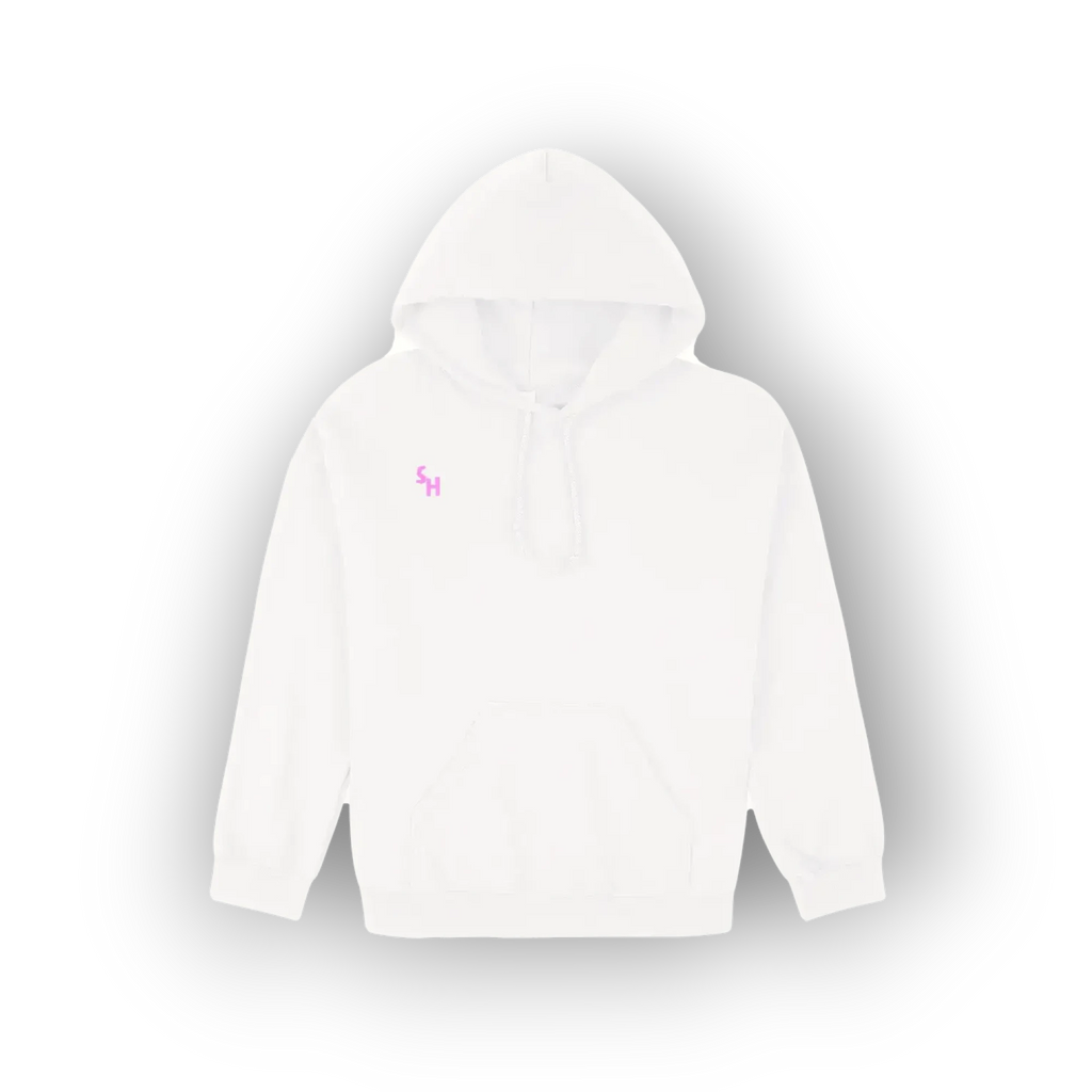 A white pullover hoodie with a small pink embroidered logo on the left chest, displayed against a clean white background with a soft drop shadow.