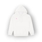 A white pullover hoodie with a small pink embroidered logo on the left chest, displayed against a clean white background with a soft drop shadow.
