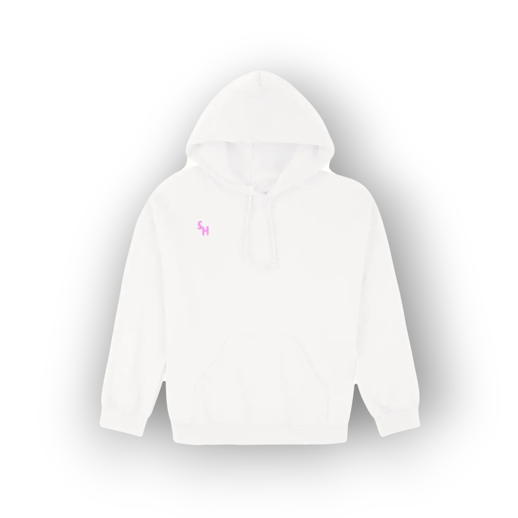 A white pullover hoodie with a small pink embroidered logo on the left chest, displayed against a clean white background with a soft drop shadow.