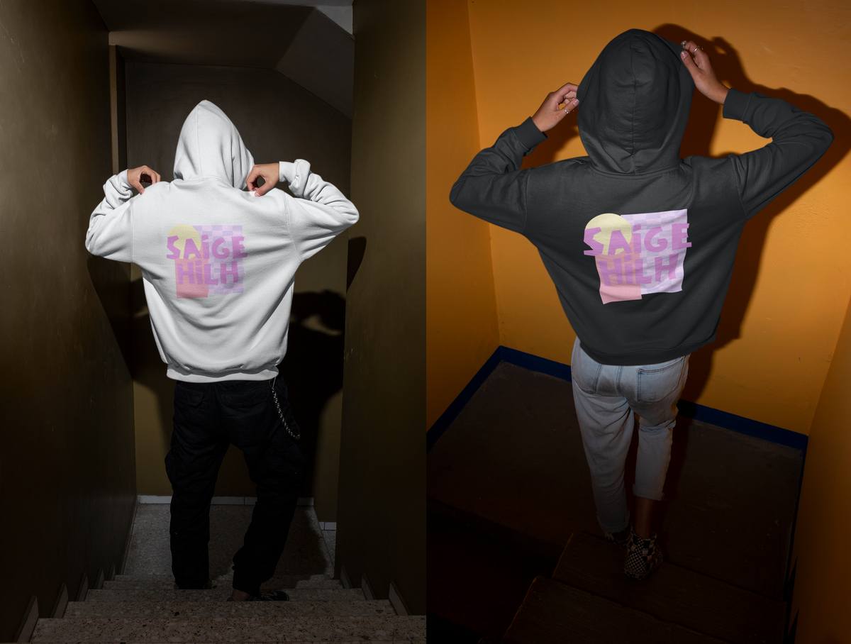 A split-screen lifestyle image showing a person from behind wearing two different coloured hoodies with a pink and yellow 'SAIGE HILH' graphic on the back, standing on a staircase in a dimly lit hallway.