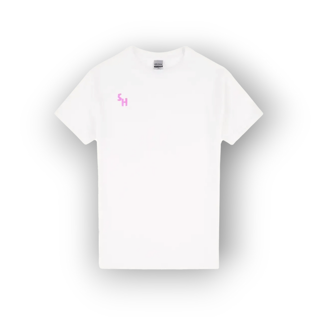 A white short-sleeve crewneck t-shirt with a small pink 'SH' monogram logo on the left chest, displayed against a clean white background with a soft drop shadow.