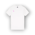 A white short-sleeve crewneck t-shirt with a small pink 'SH' monogram logo on the left chest, displayed against a clean white background with a soft drop shadow.