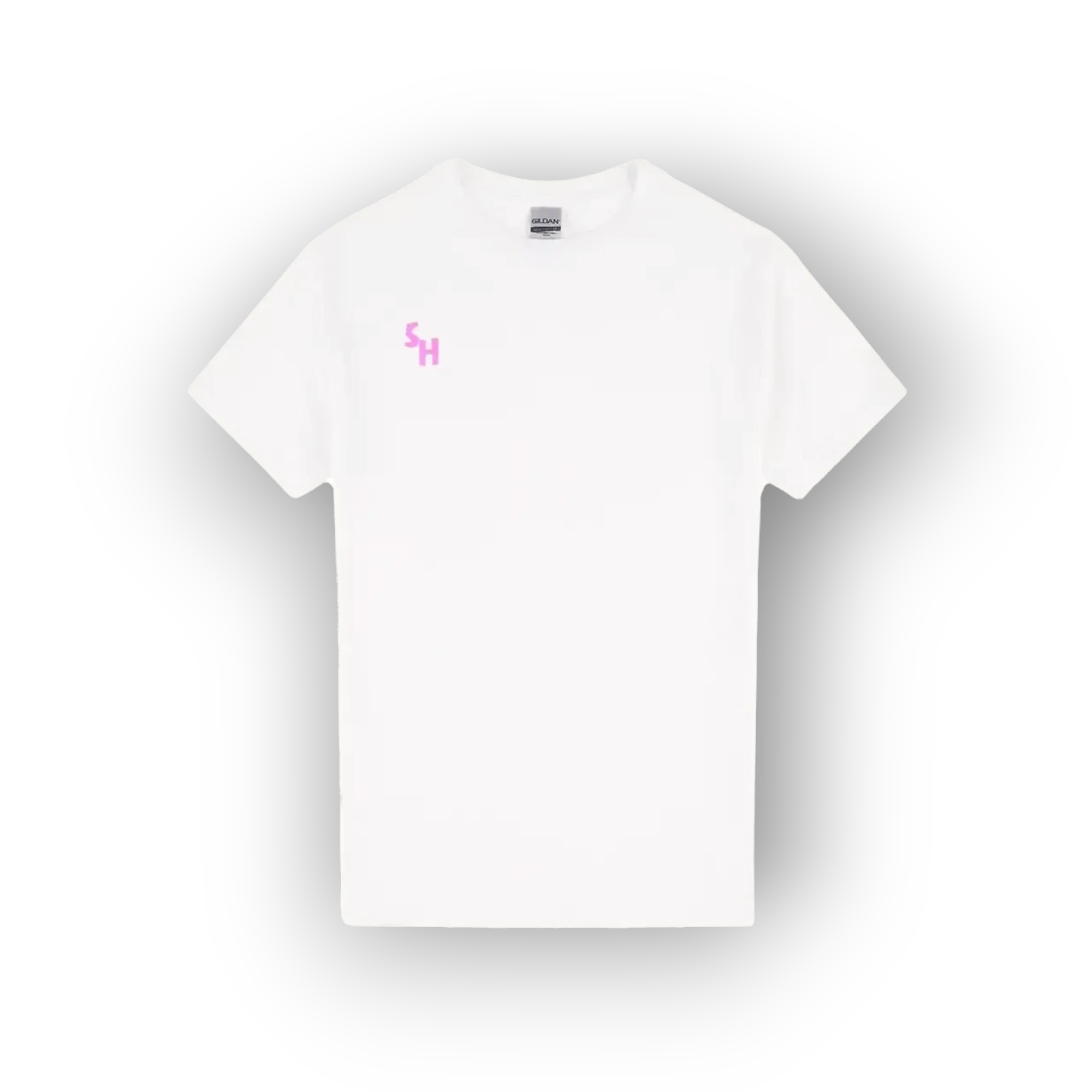 A white short-sleeve crewneck t-shirt with a small pink 'SH' monogram logo on the left chest, displayed against a clean white background with a soft drop shadow.