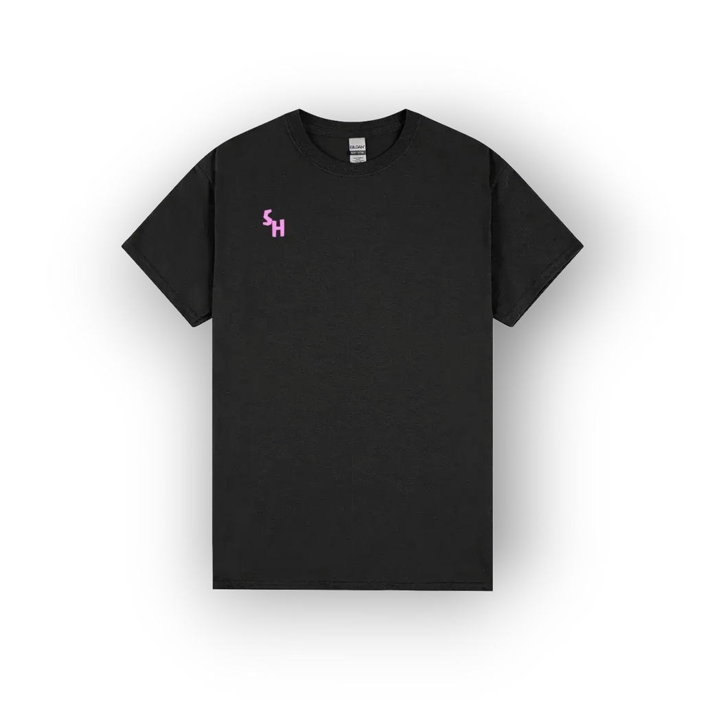 A black short-sleeve crewneck t-shirt with a small pink embroidered 'SH' logo on the left chest, displayed against a clean white background.