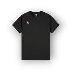 A black short-sleeve crewneck t-shirt with a small pink embroidered 'SH' logo on the left chest, displayed against a clean white background.