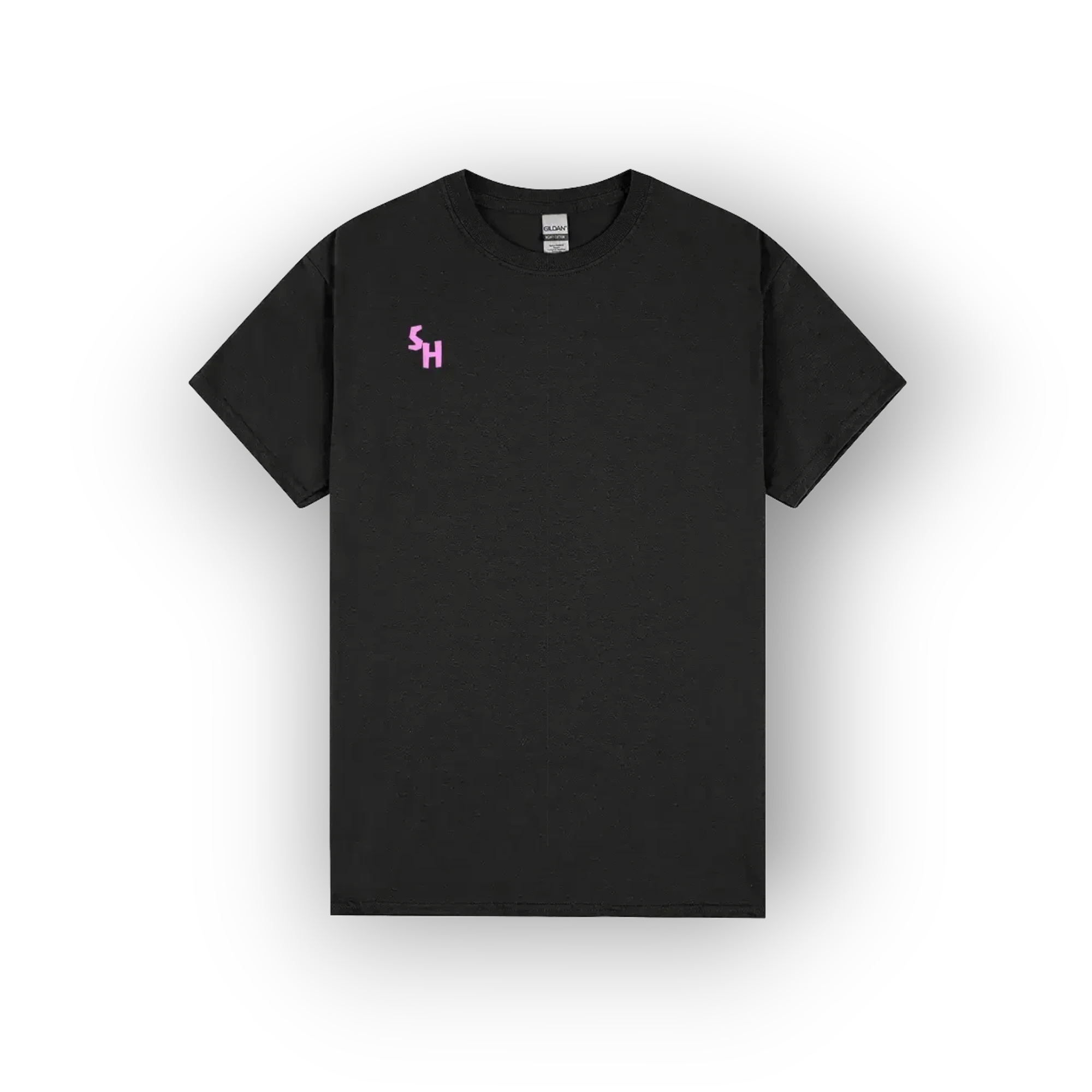 A black short-sleeve crewneck t-shirt with a small pink embroidered 'SH' logo on the left chest, displayed against a clean white background.