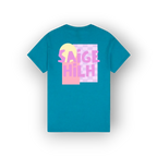 A teal blue short-sleeve t-shirt shown from the back, featuring a colorful graphic print with the text 'SAIGE HILH' in pink over a pastel yellow and pink geometric block design.