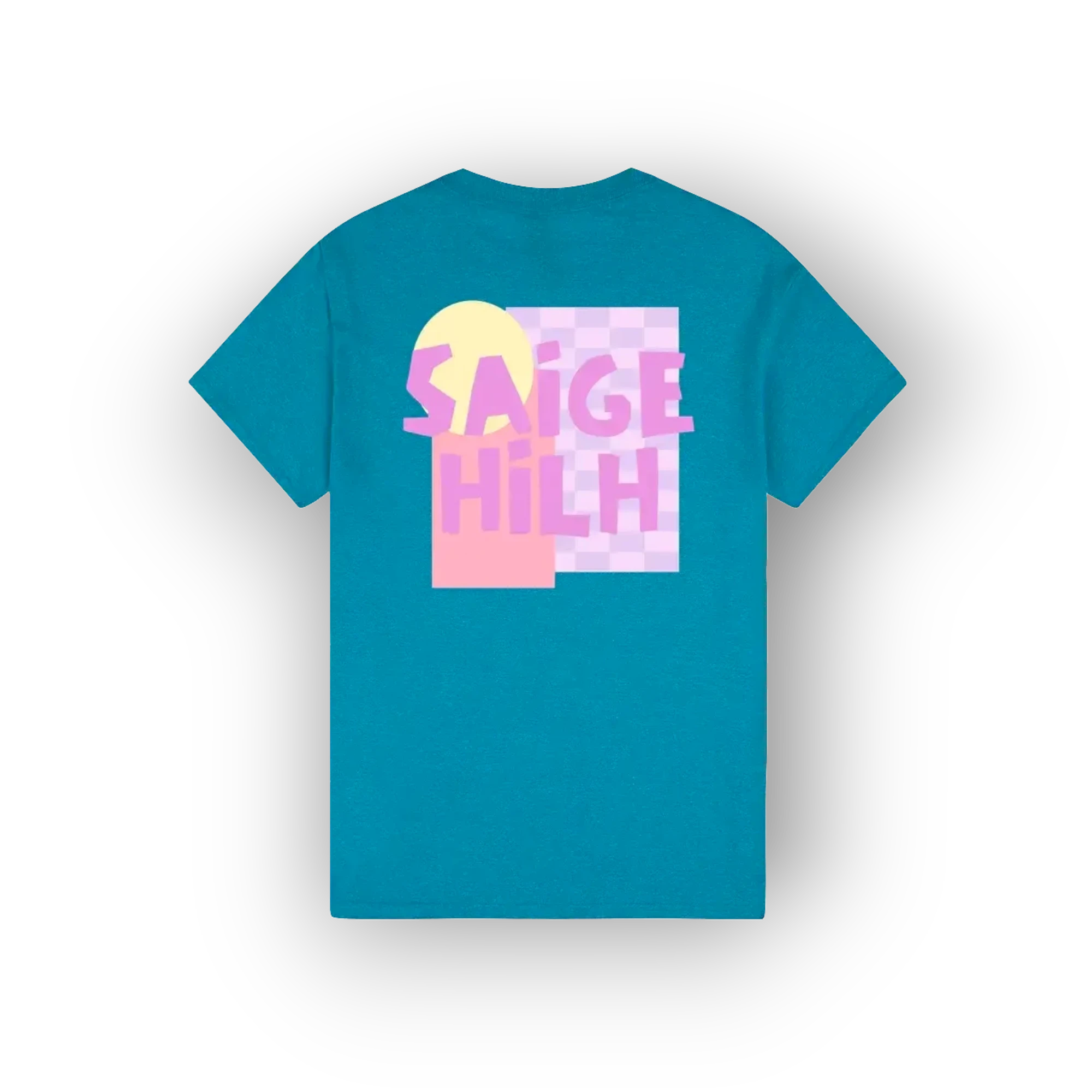 A teal blue short-sleeve t-shirt shown from the back, featuring a colorful graphic print with the text 'SAIGE HILH' in pink over a pastel yellow and pink geometric block design.